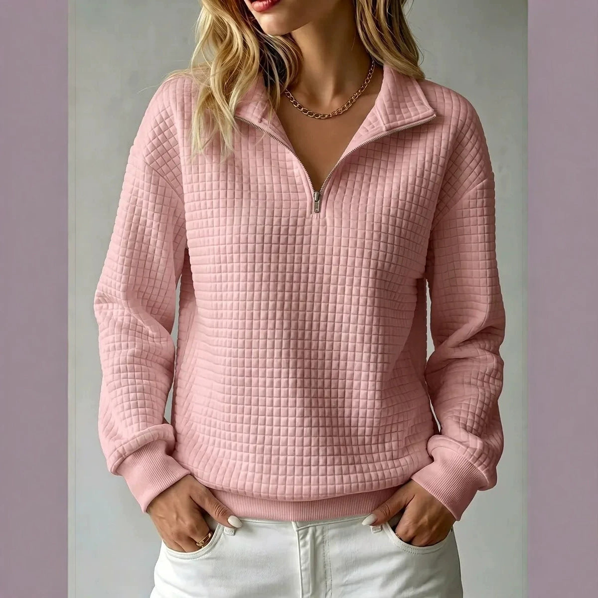 Sloane | Womens Waffle Knit Quarter Zip Sweatshirt Jumper - Pink
