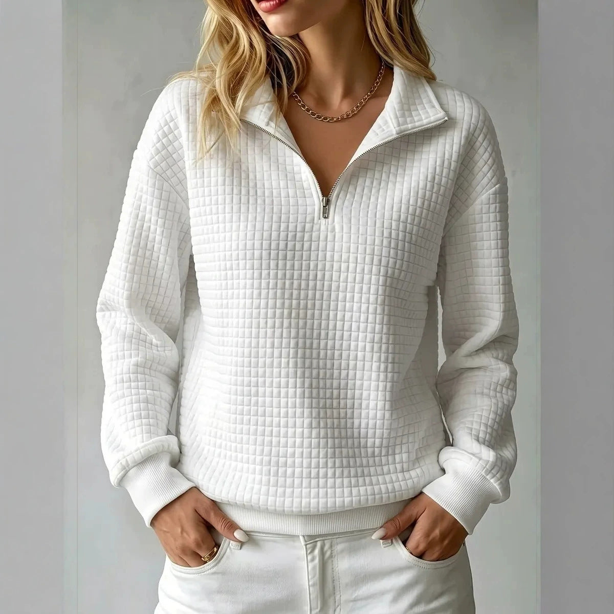 Sloane | Womens Waffle Knit Quarter Zip Sweatshirt Jumper - White