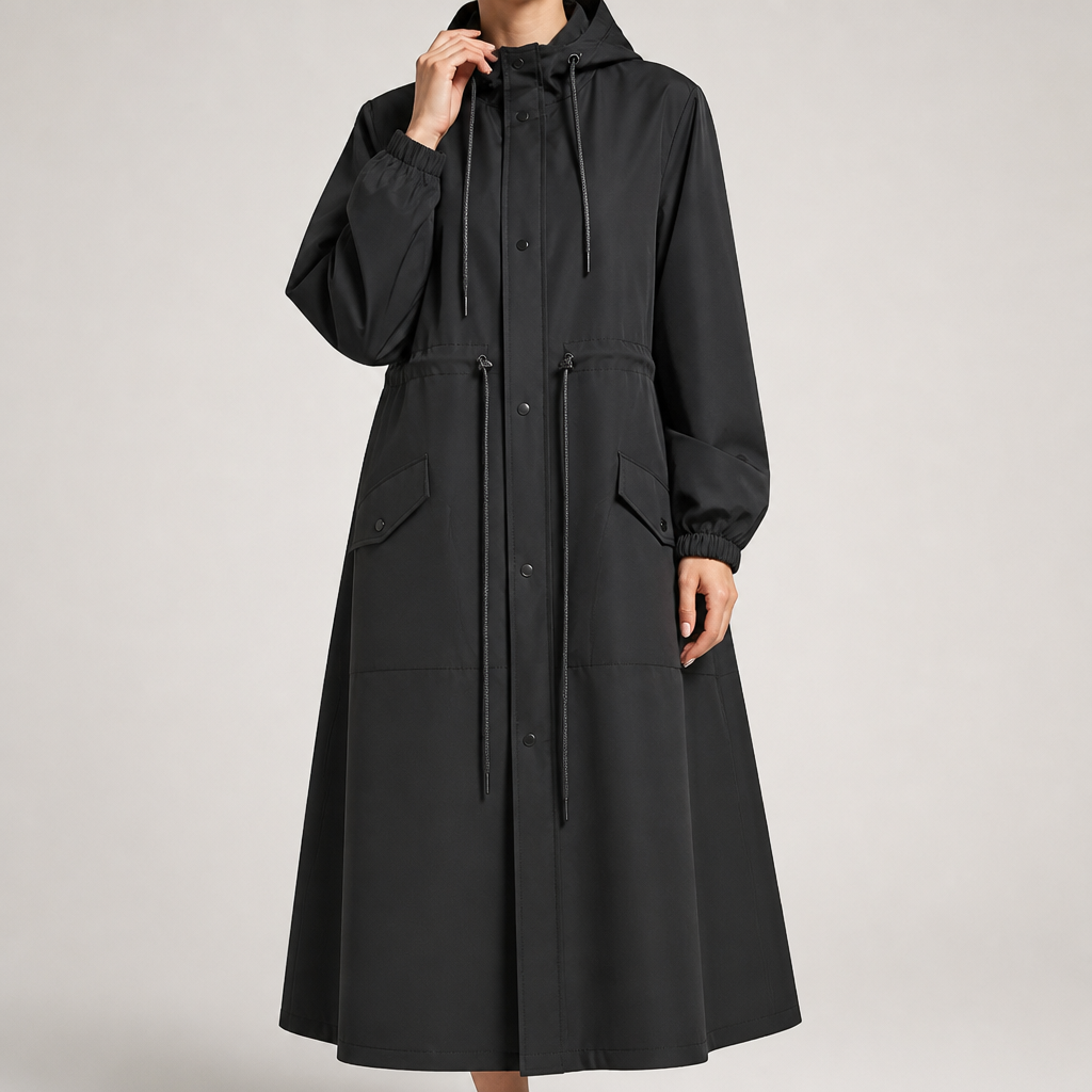 Solene | Womens Raincoat Waterproof Hooded Long Rain Poncho Jacket, Black