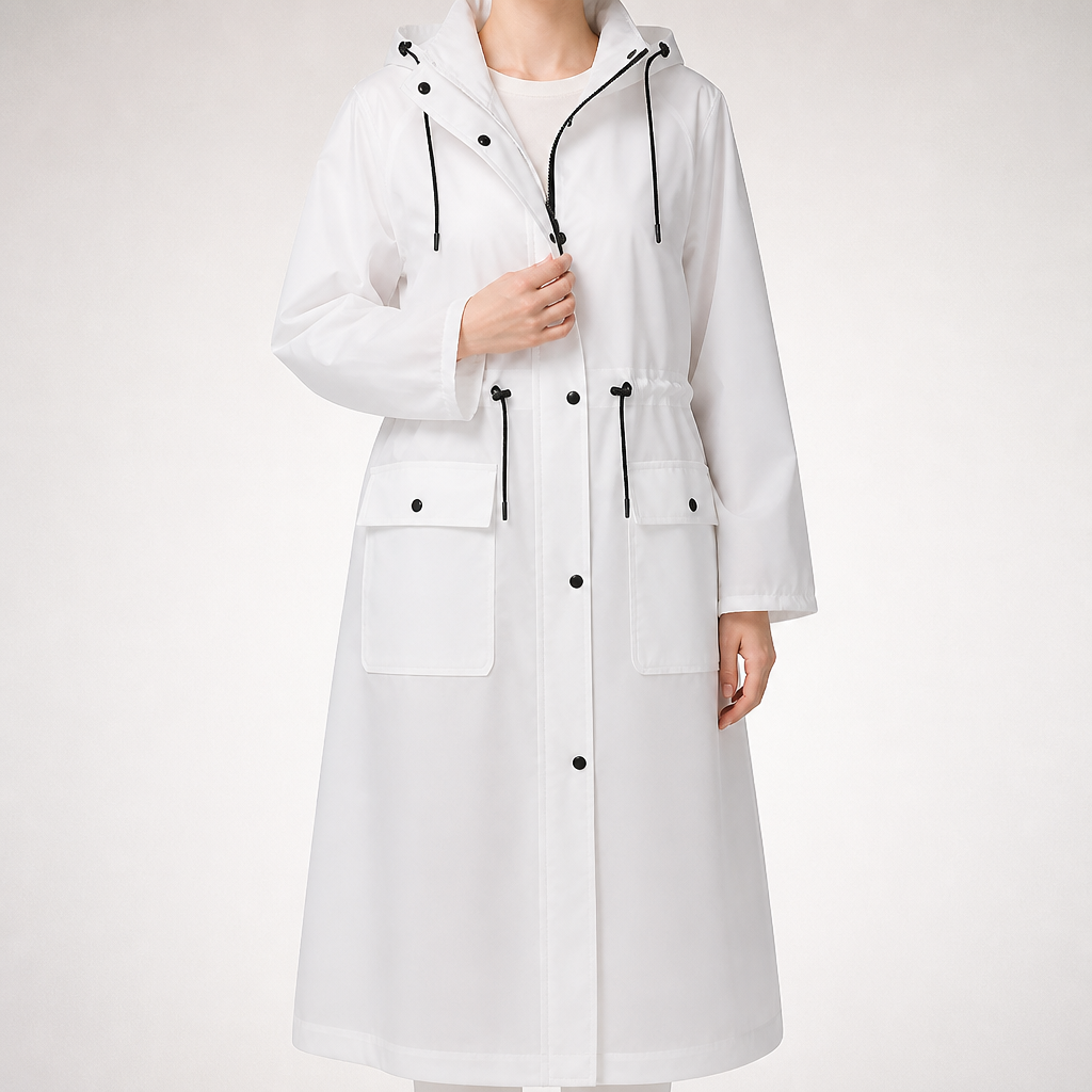 Solene | Womens Raincoat Waterproof Hooded Long Rain Poncho Jacket, Cream White