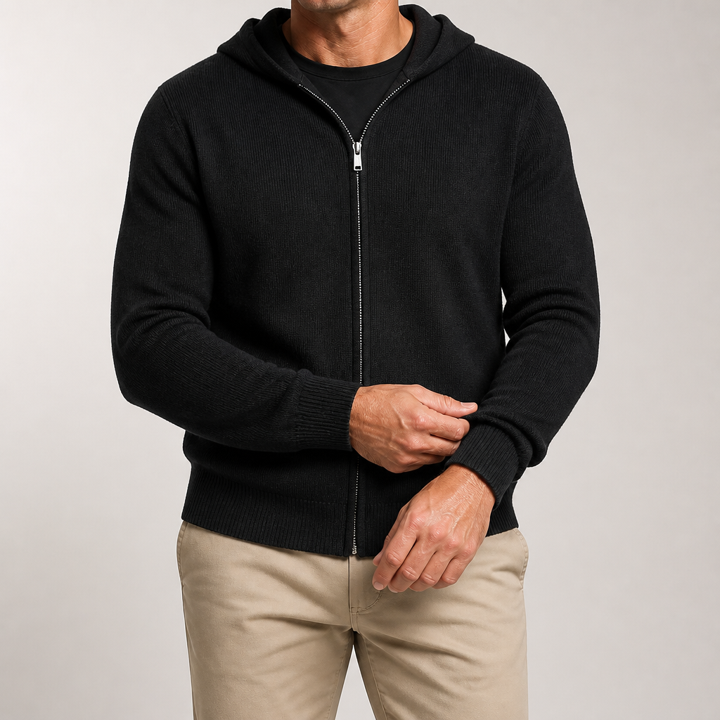 Soren | Mens Knitted Hooded Zip Up Jumper Sweater Cardigan, Black