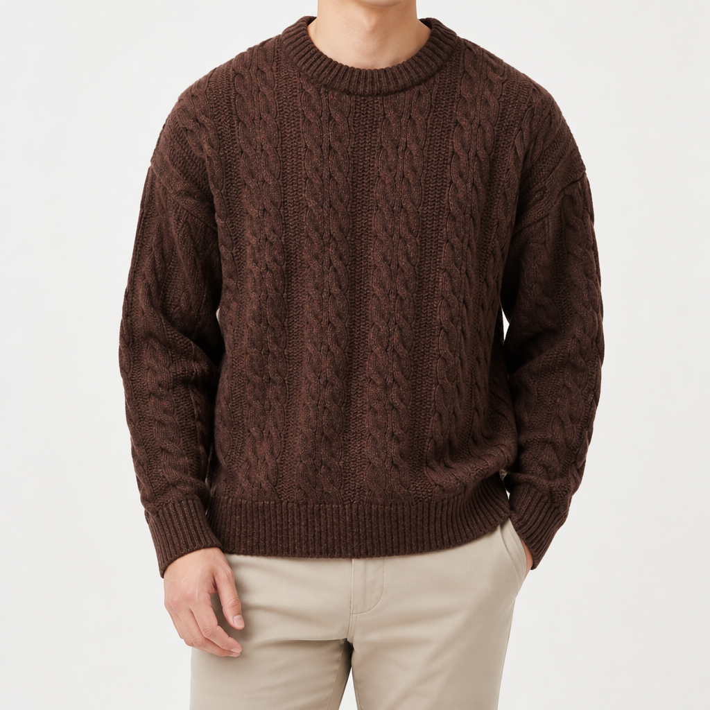 Sterling | Mens Cable Knitted Jumper Round Neck Loose Sweater, Brown