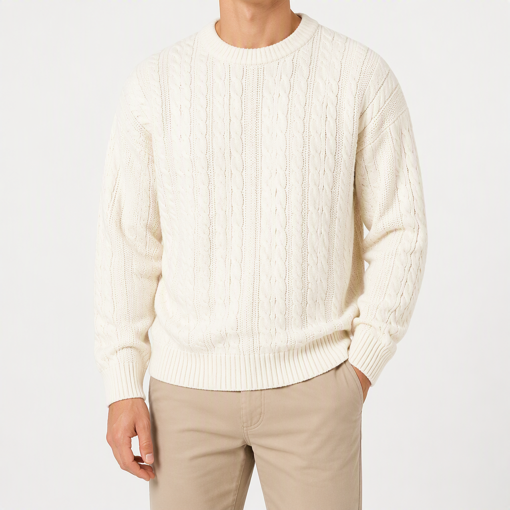 Sterling | Mens Cable Knitted Jumper Round Neck Loose Sweater, Cream