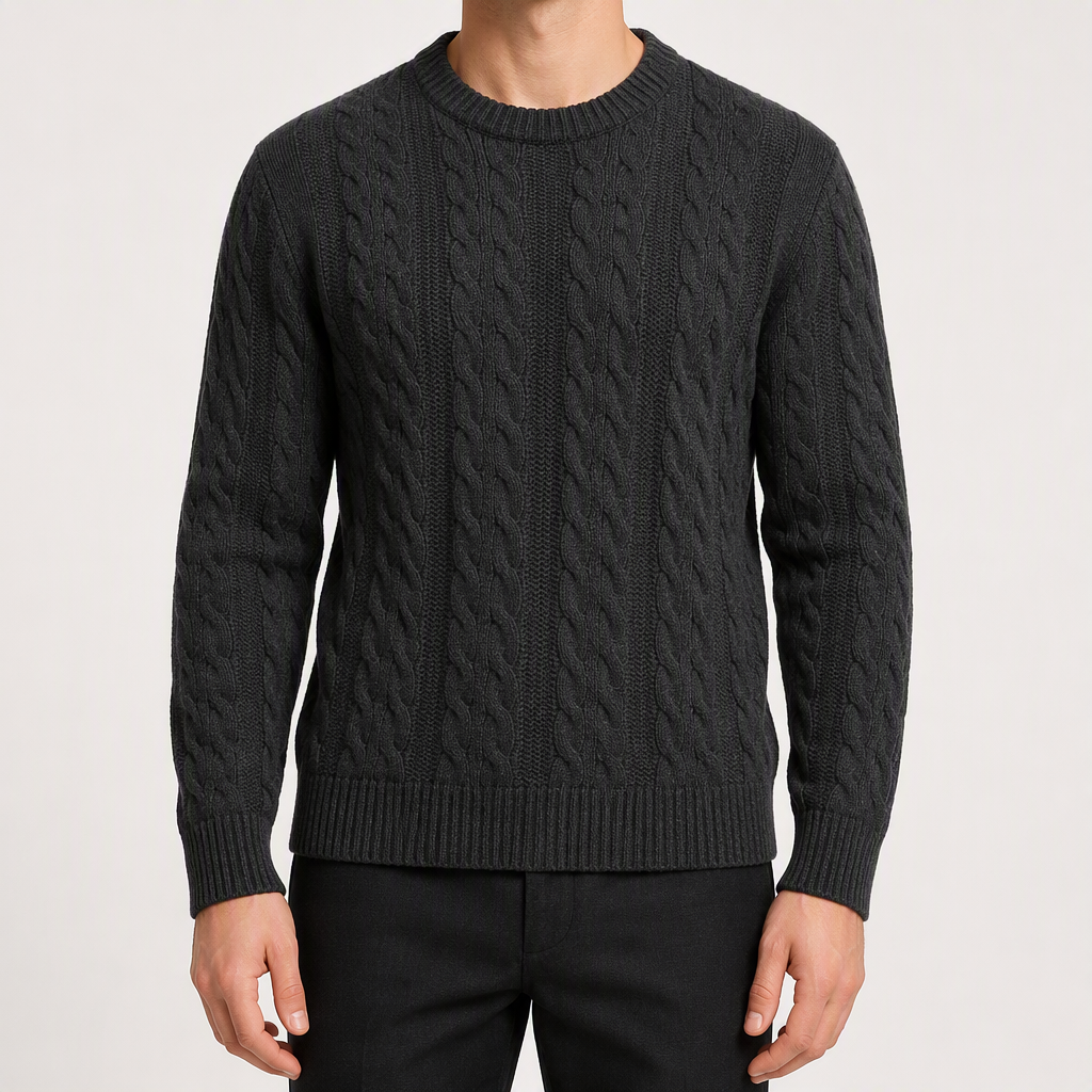 Sterling | Mens Cable Knitted Jumper Round Neck Loose Sweater, Dark Grey