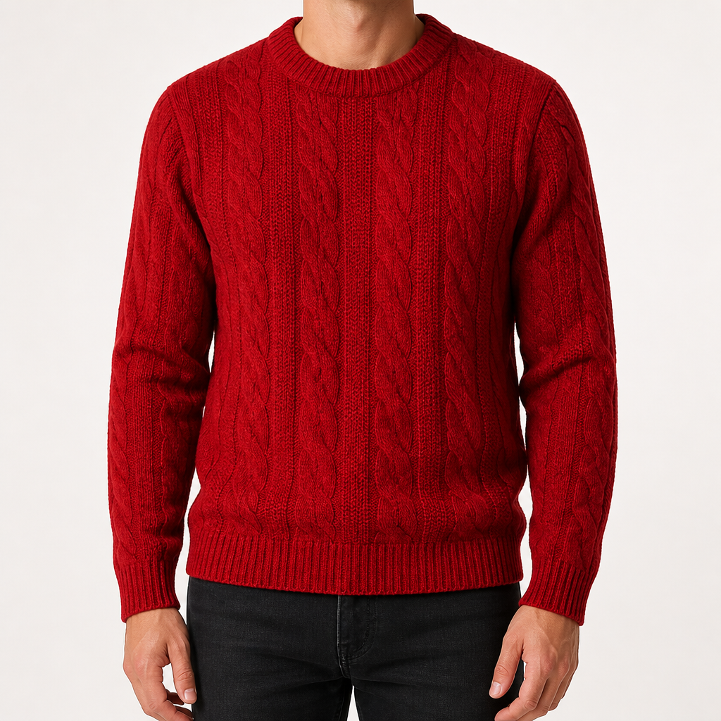Sterling | Mens Cable Knitted Jumper Round Neck Loose Sweater, Red