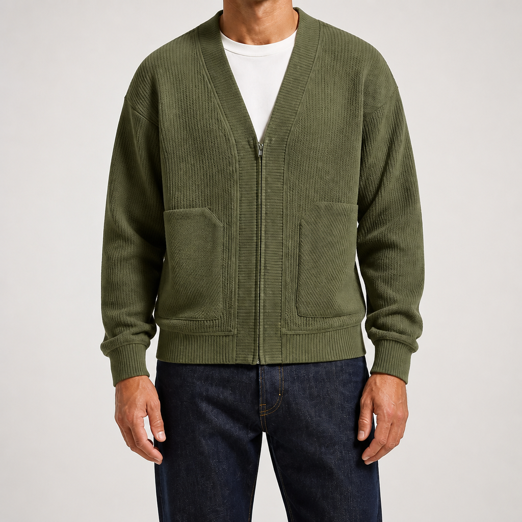 Sterling | Mens Zip Up Solid Colour Casual Cardigan, Army Green