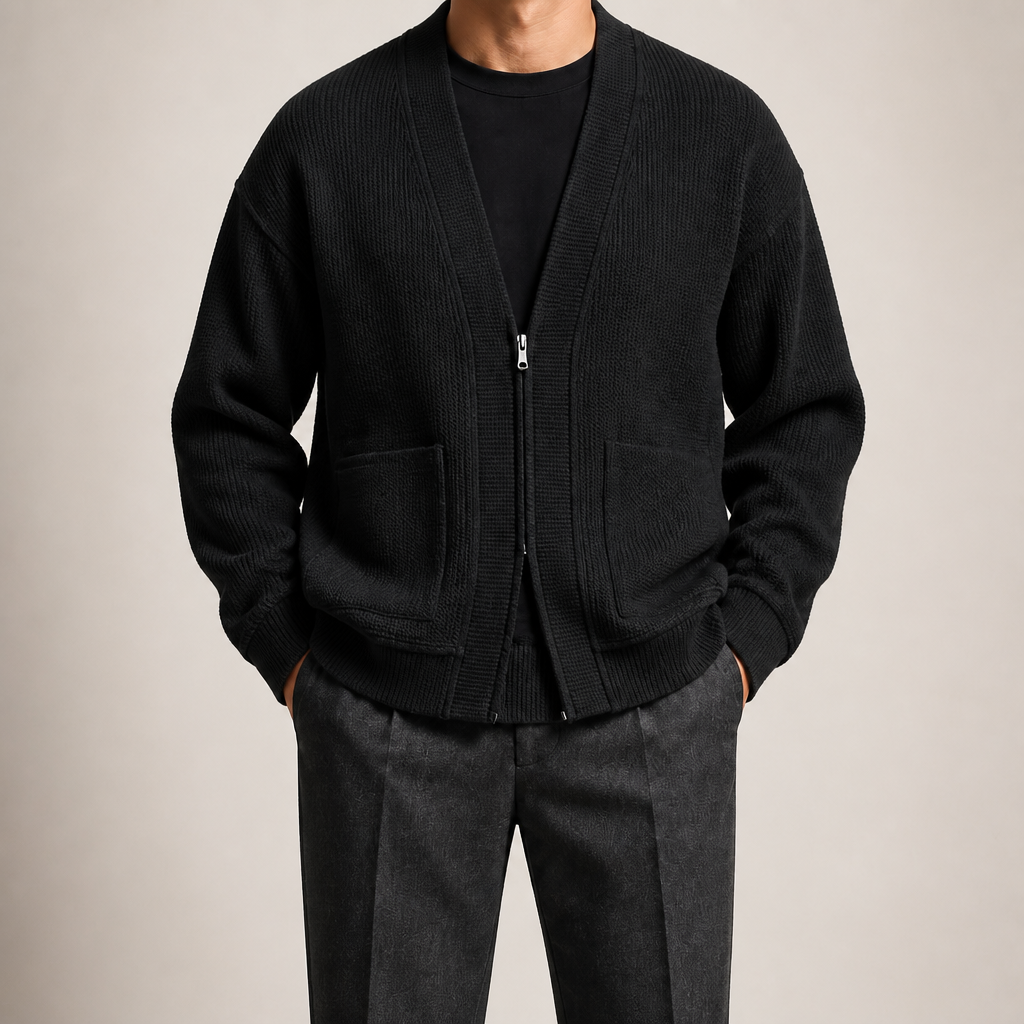 Sterling | Mens Zip Up Solid Colour Casual Cardigan, Black