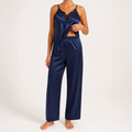 Suki | Womens Satin Pyjamas Silk Cami Trousers Set Loungewear, Dark Blue