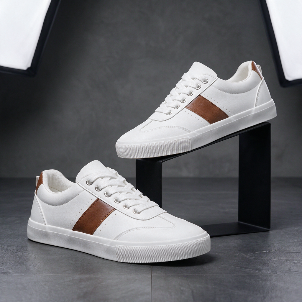 Pair of Sullivan Court Sneakers in white on a studio display stand