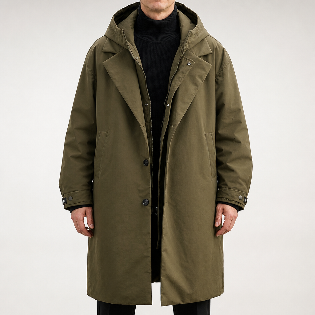 Sullivan | Mens Padded Coat Hooded Mid Length Winter Quilted Coat, Military Green