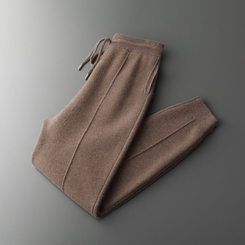 Sutton | Mens Wool Knitted Joggers Trousers Sweatpants Elasticated Waist Bottoms - Dark Camel