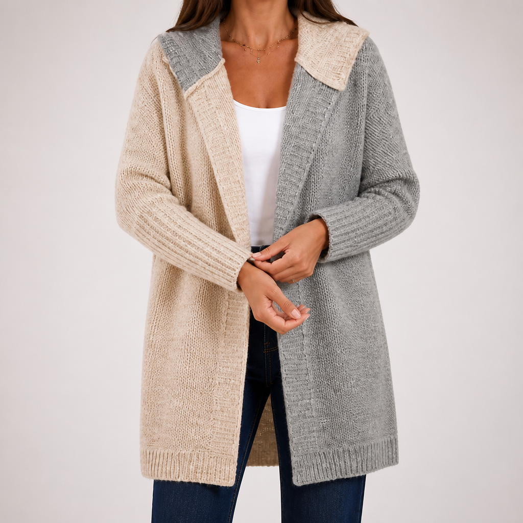 Sybil | Womens Hooded Colour Block Knitted Cardigan, Apricot Light Grey