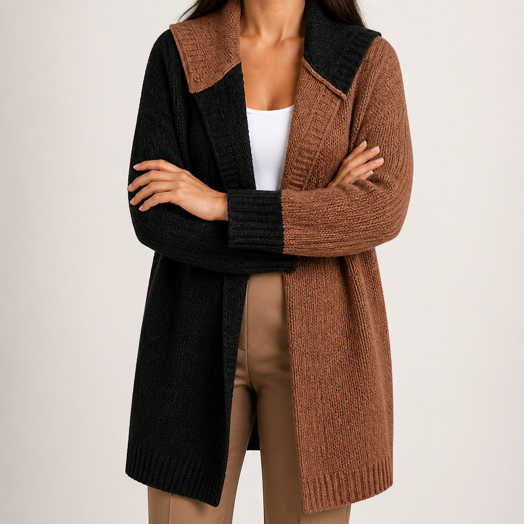 Sybil | Womens Hooded Colour Block Knitted Cardigan, Black Coffee
