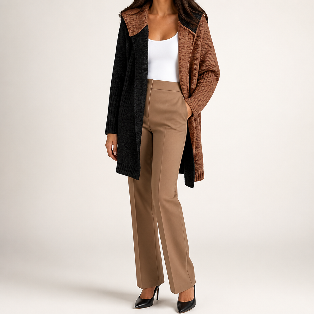 Sybil | Womens Hooded Colour Block Knitted Cardigan, Black Coffee