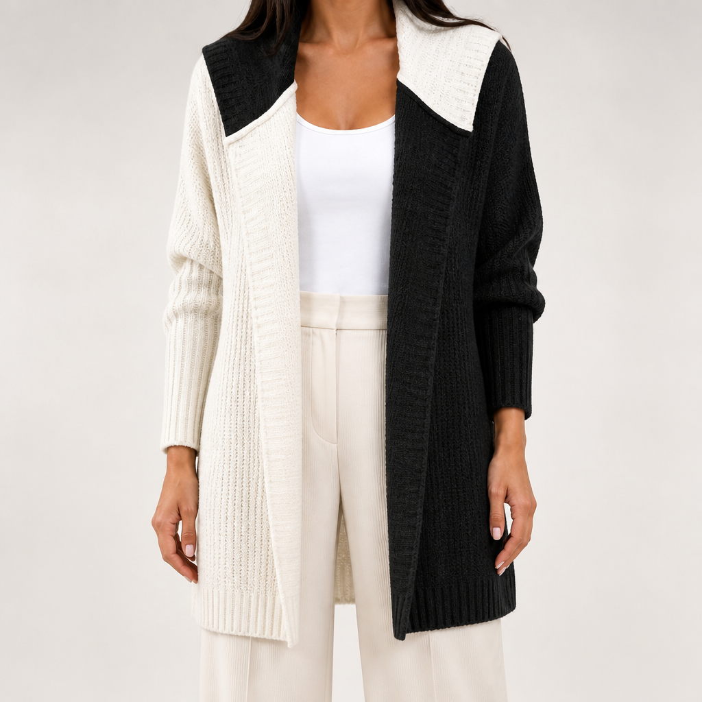 Sybil | Womens Hooded Colour Block Knitted Cardigan, Black White