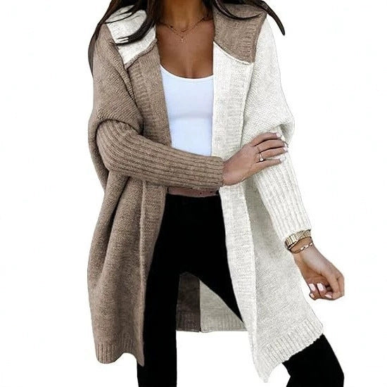 Sybil | Womens Hooded Colour Block Knitted Cardigan, Khaki White