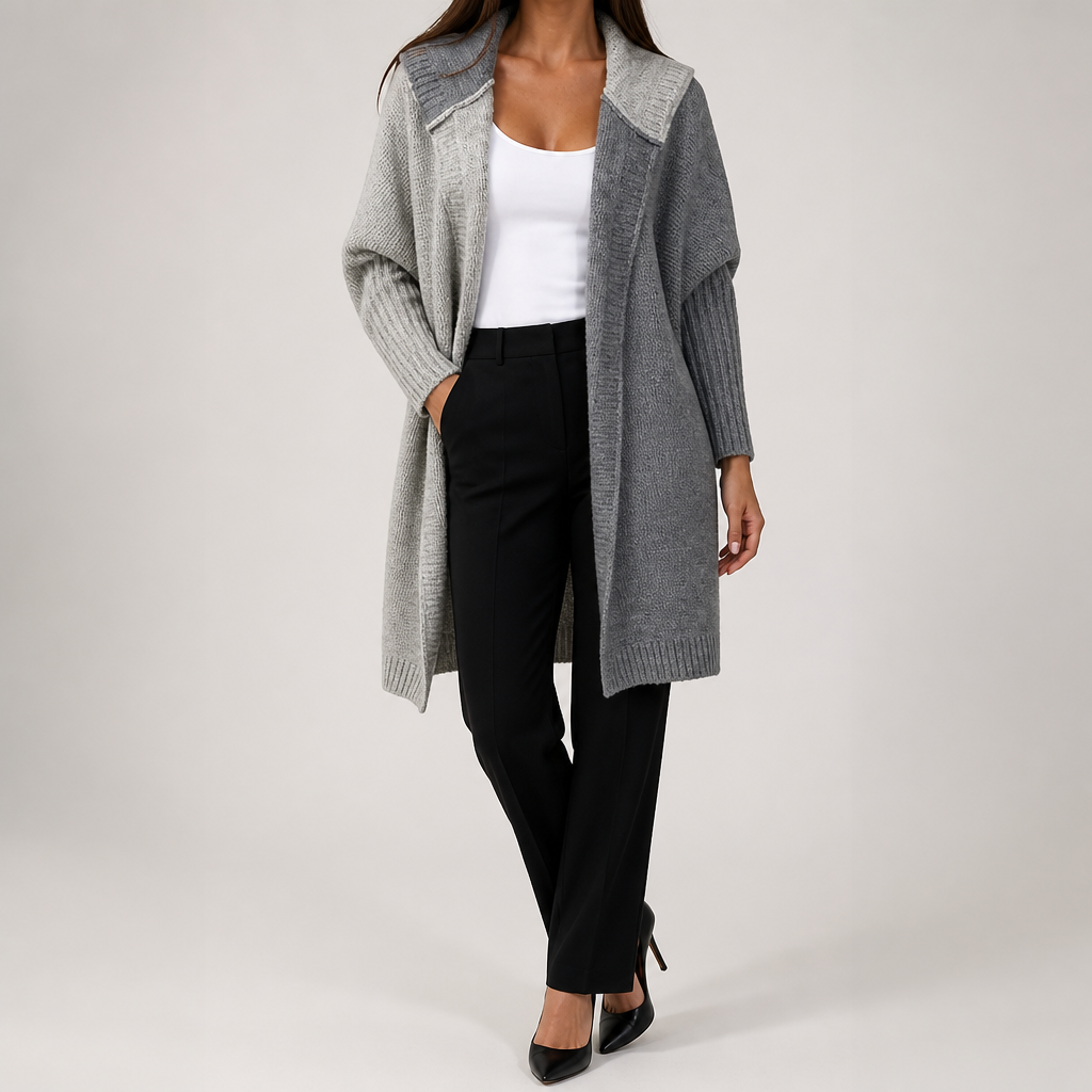 Sybil | Womens Hooded Colour Block Knitted Cardigan, Light Grey Dark Grey