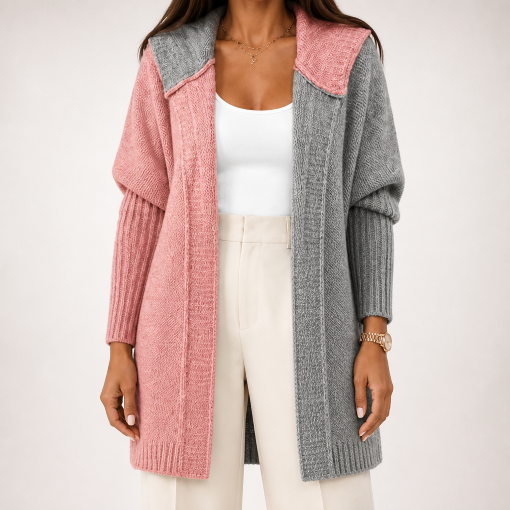 Sybil | Womens Hooded Colour Block Knitted Cardigan, Pink Dark Grey