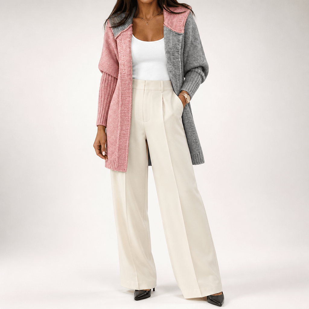 Sybil | Womens Hooded Colour Block Knitted Cardigan, Pink Dark Grey
