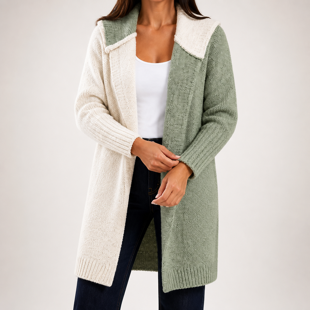 Sybil | Womens Hooded Colour Block Knitted Cardigan, White Light Green
