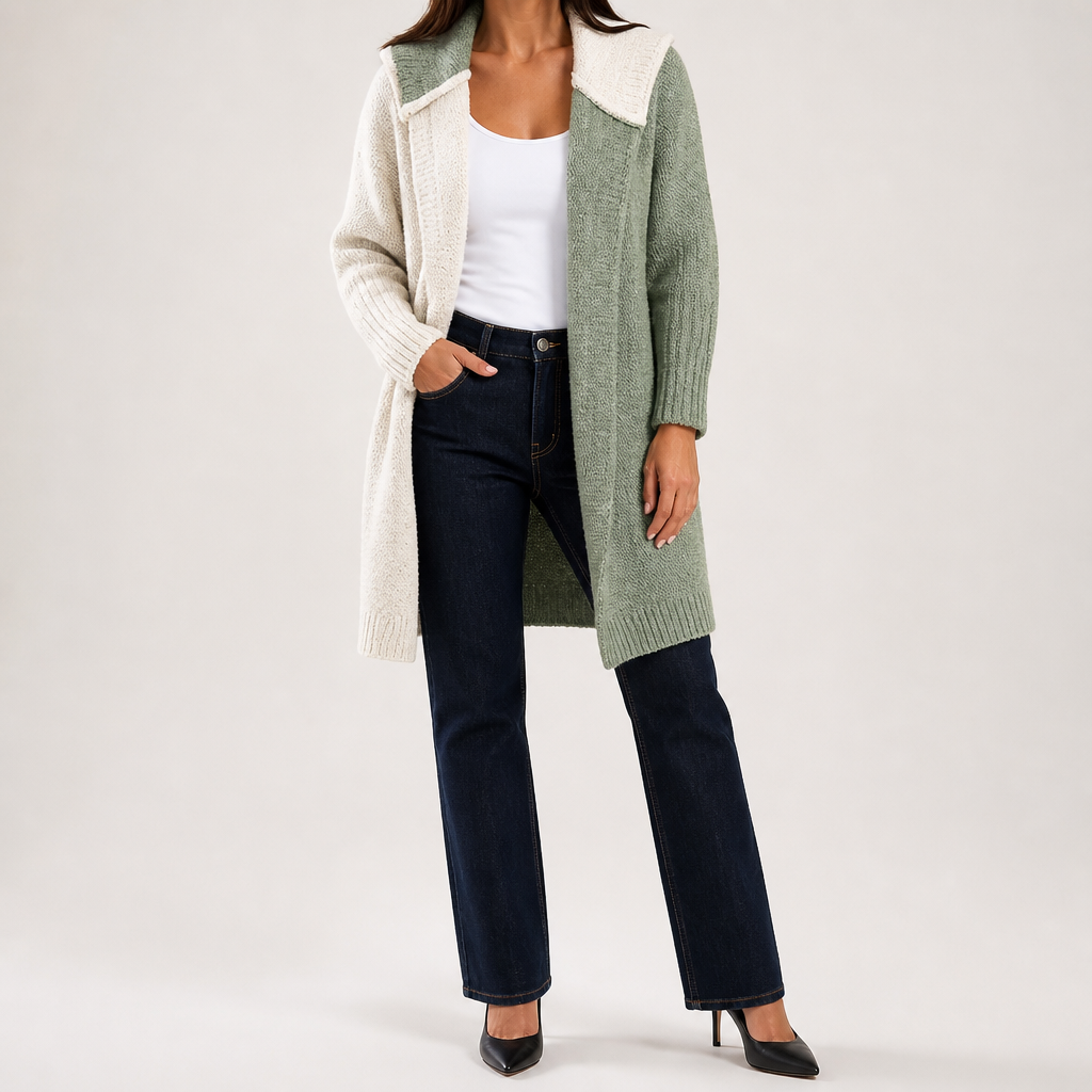 Sybil | Womens Hooded Colour Block Knitted Cardigan, White Light Green