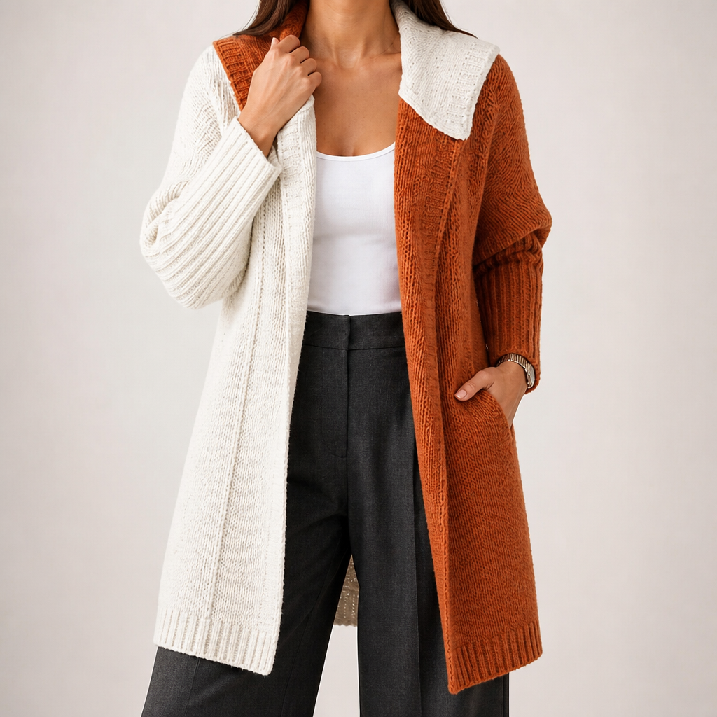 Sybil | Womens Hooded Colour Block Knitted Cardigan, White Orange Red