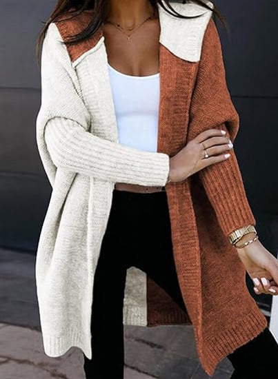 Sybil | Womens Hooded Colour Block Knitted Cardigan, White Orange Red