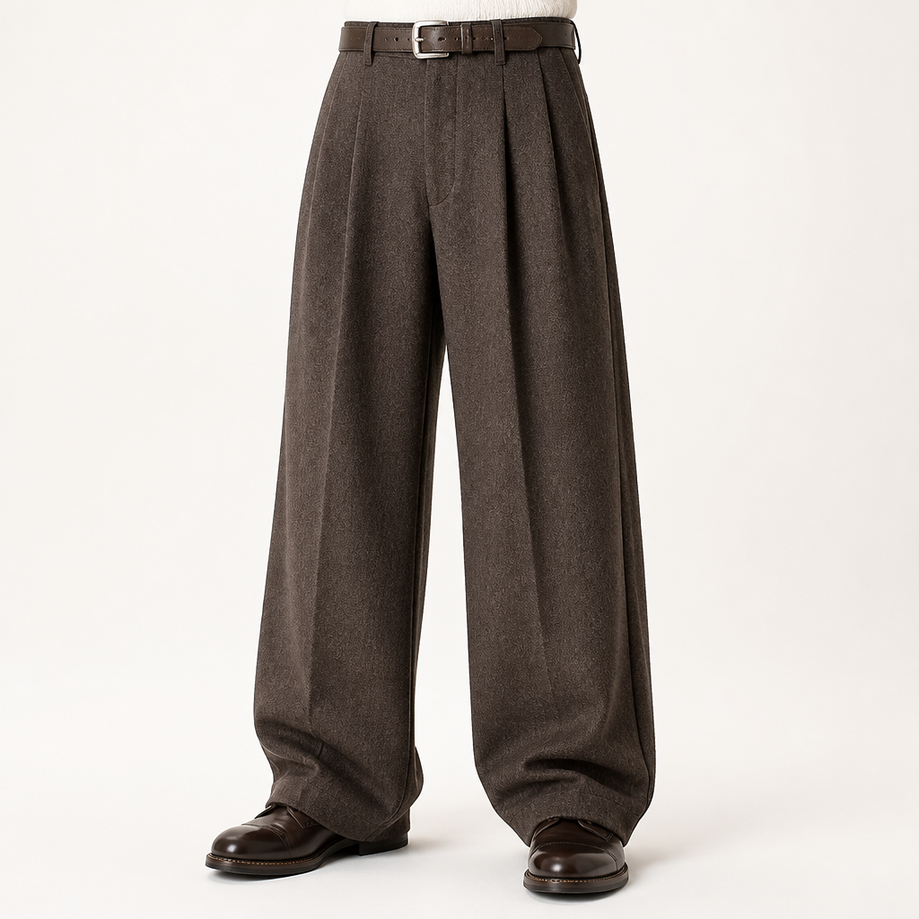Sylvester | Mens Wide Leg Double Pleated Drape Casual Smart Trousers, Brown