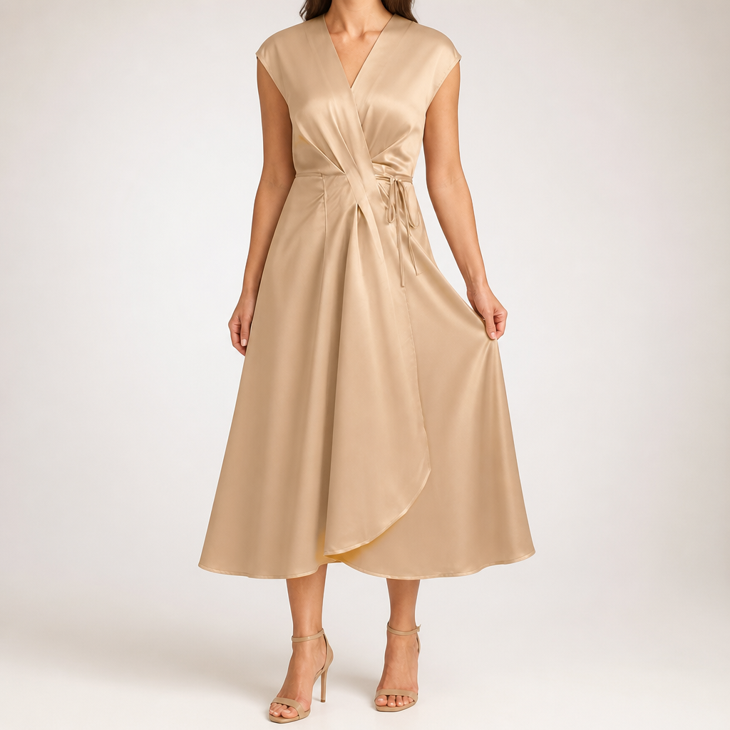 Sylvie | Cocktail Satin Midi Wedding Guest Evening Formal Dresses, Champagne