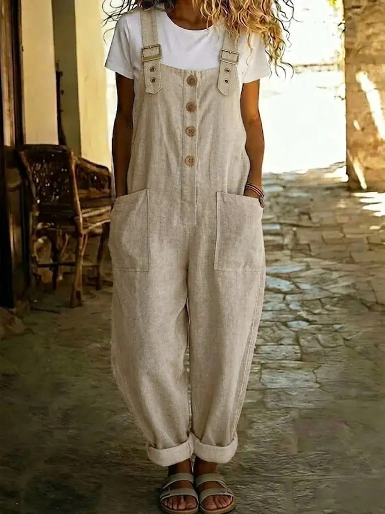 Sylvie | Womens Cotton Linen High Waisted Dungarees Jumpsuit - 2
