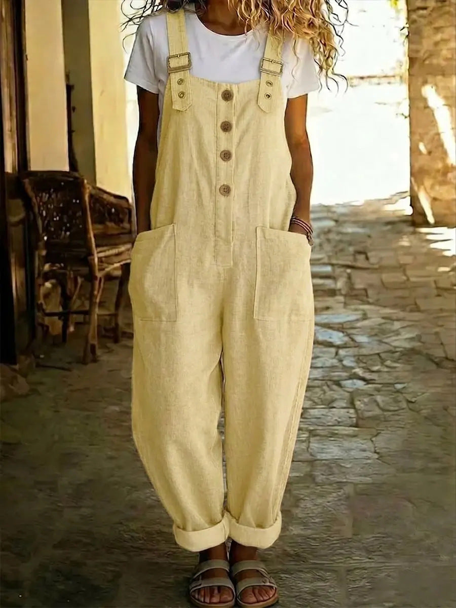 Sylvie | Womens Cotton Linen High Waisted Dungarees Jumpsuit - 3