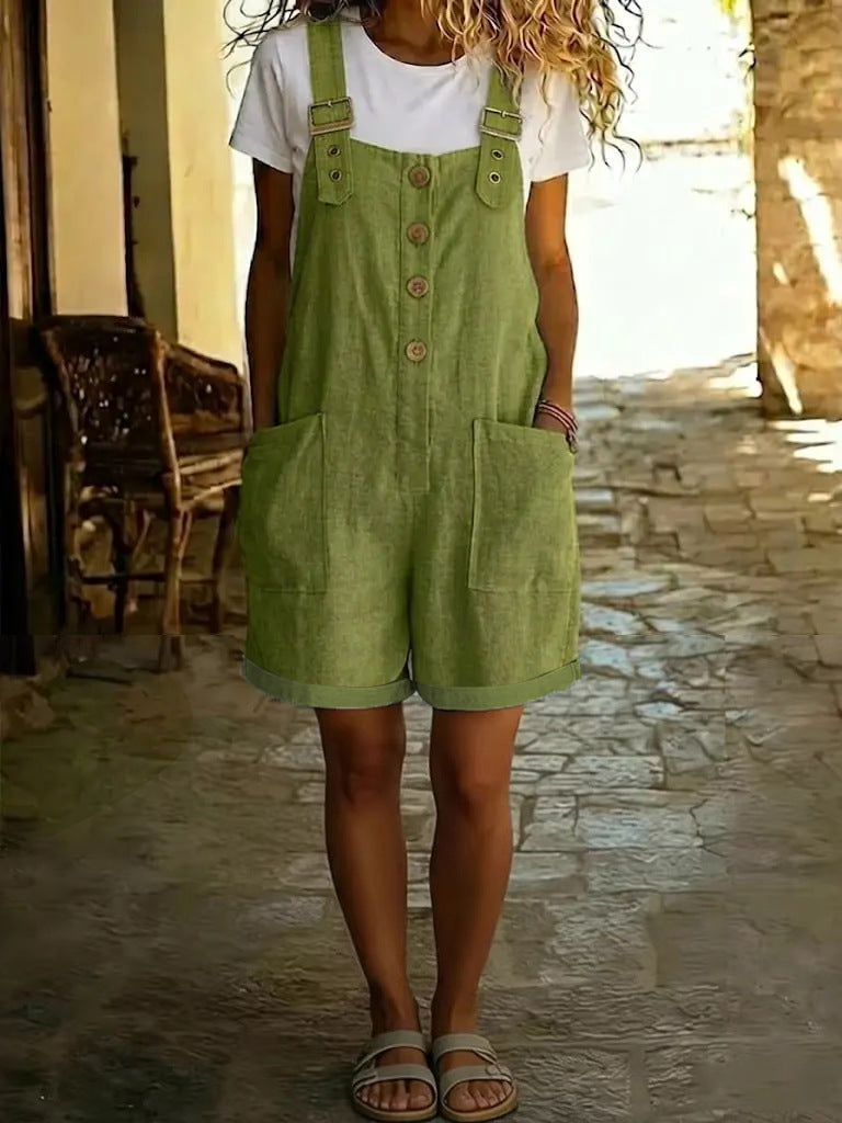 Sylvie | Womens Cotton Linen High Waisted Dungarees Jumpsuit - Army Green