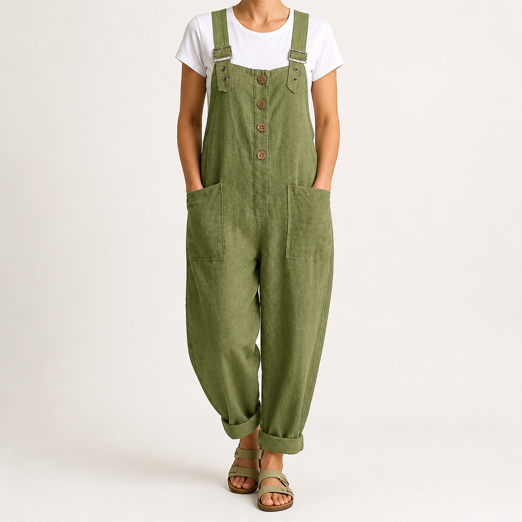 Sylvie | Womens Cotton Linen High Waisted Dungarees Jumpsuit, Army Green