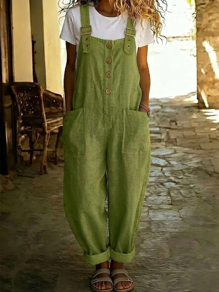 Sylvie | Womens Cotton Linen High Waisted Dungarees Jumpsuit - Army Green