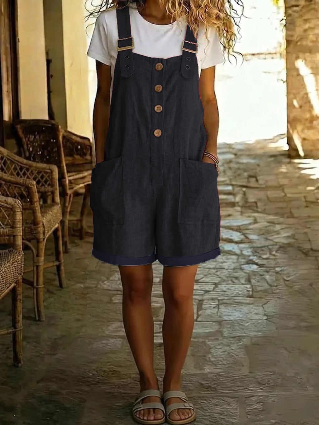 Sylvie | Womens Cotton Linen High Waisted Dungarees Jumpsuit - Black