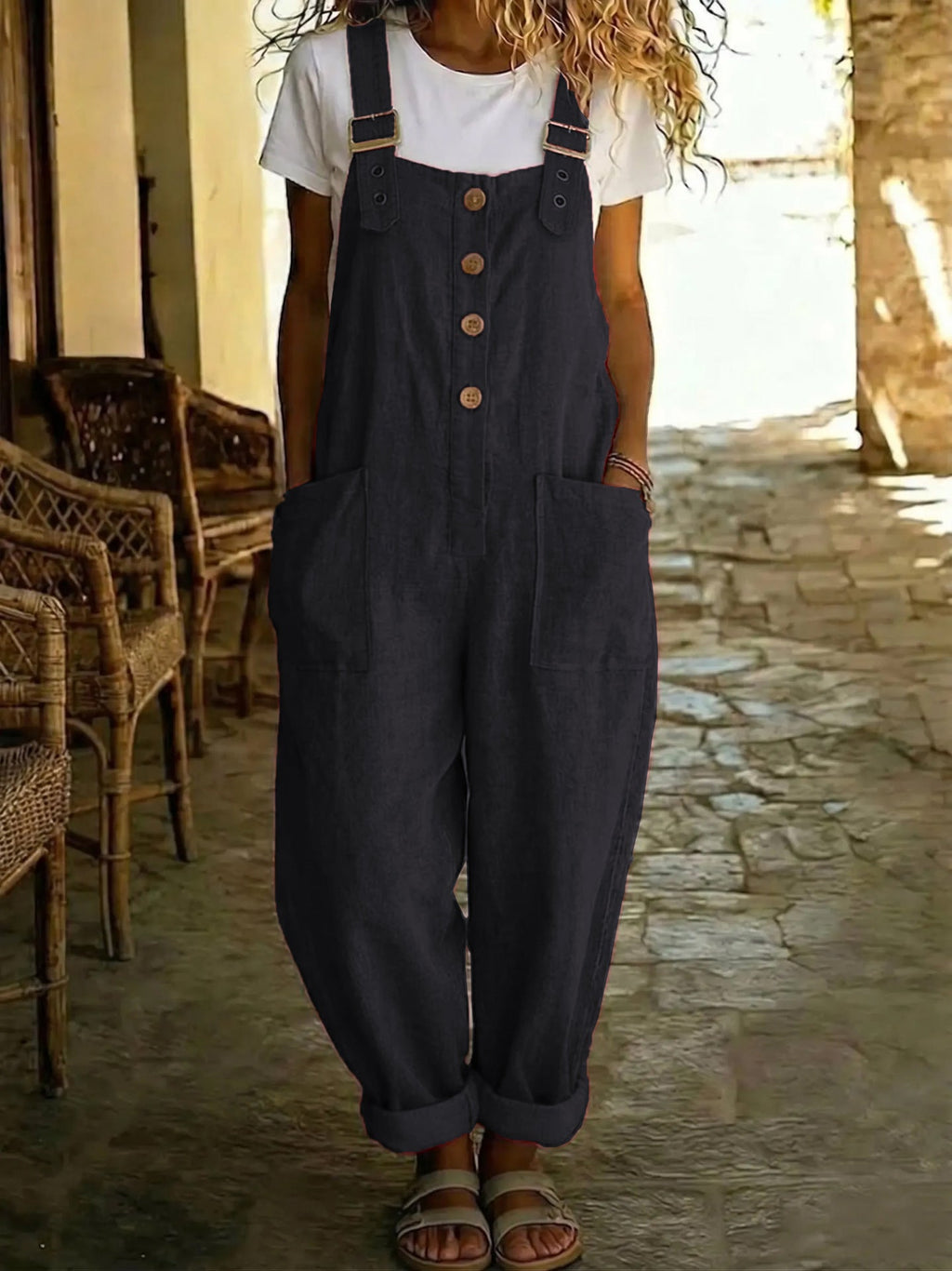 Sylvie | Womens Cotton Linen High Waisted Dungarees Jumpsuit - Black