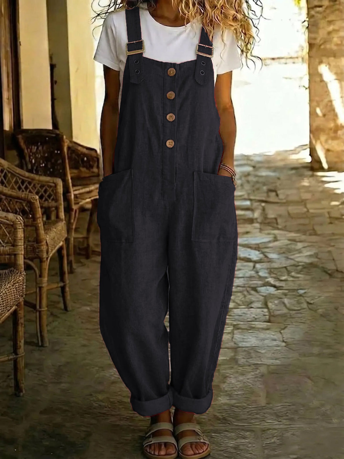 Sylvie | Womens Cotton Linen High Waisted Dungarees Jumpsuit - Black