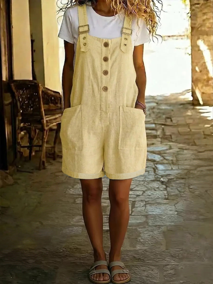 Sylvie | Womens Cotton Linen High Waisted Dungarees Jumpsuit - Light Yellow