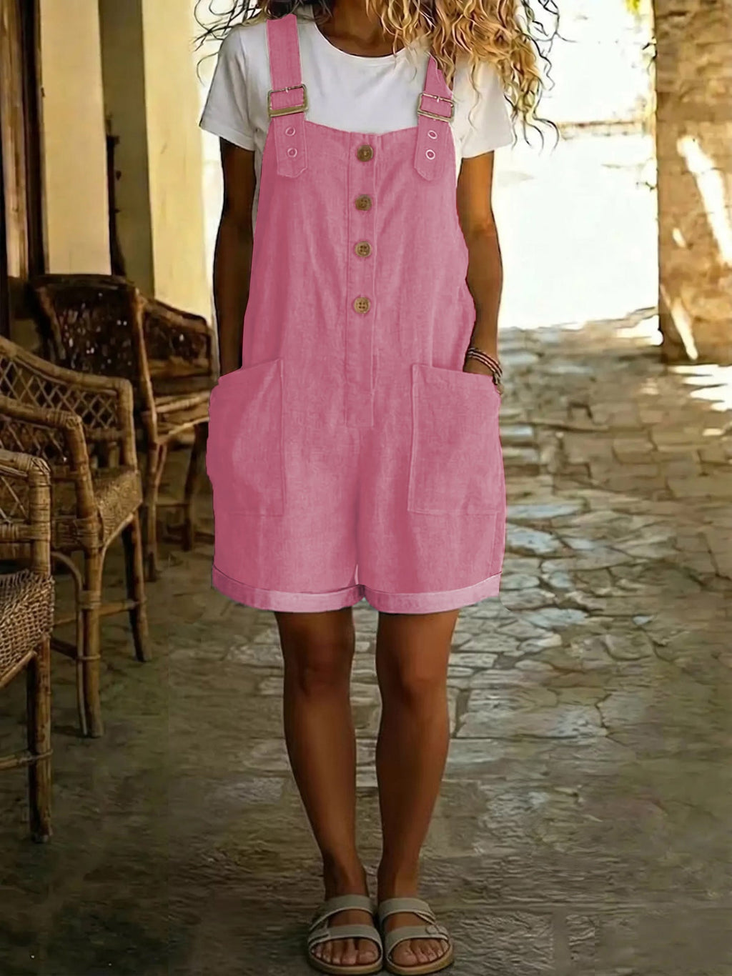 Sylvie | Womens Cotton Linen High Waisted Dungarees Jumpsuit - Pink