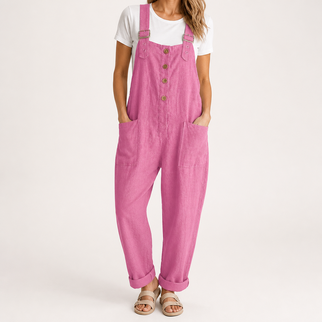 Sylvie | Womens Cotton Linen High Waisted Dungarees Jumpsuit, Pink