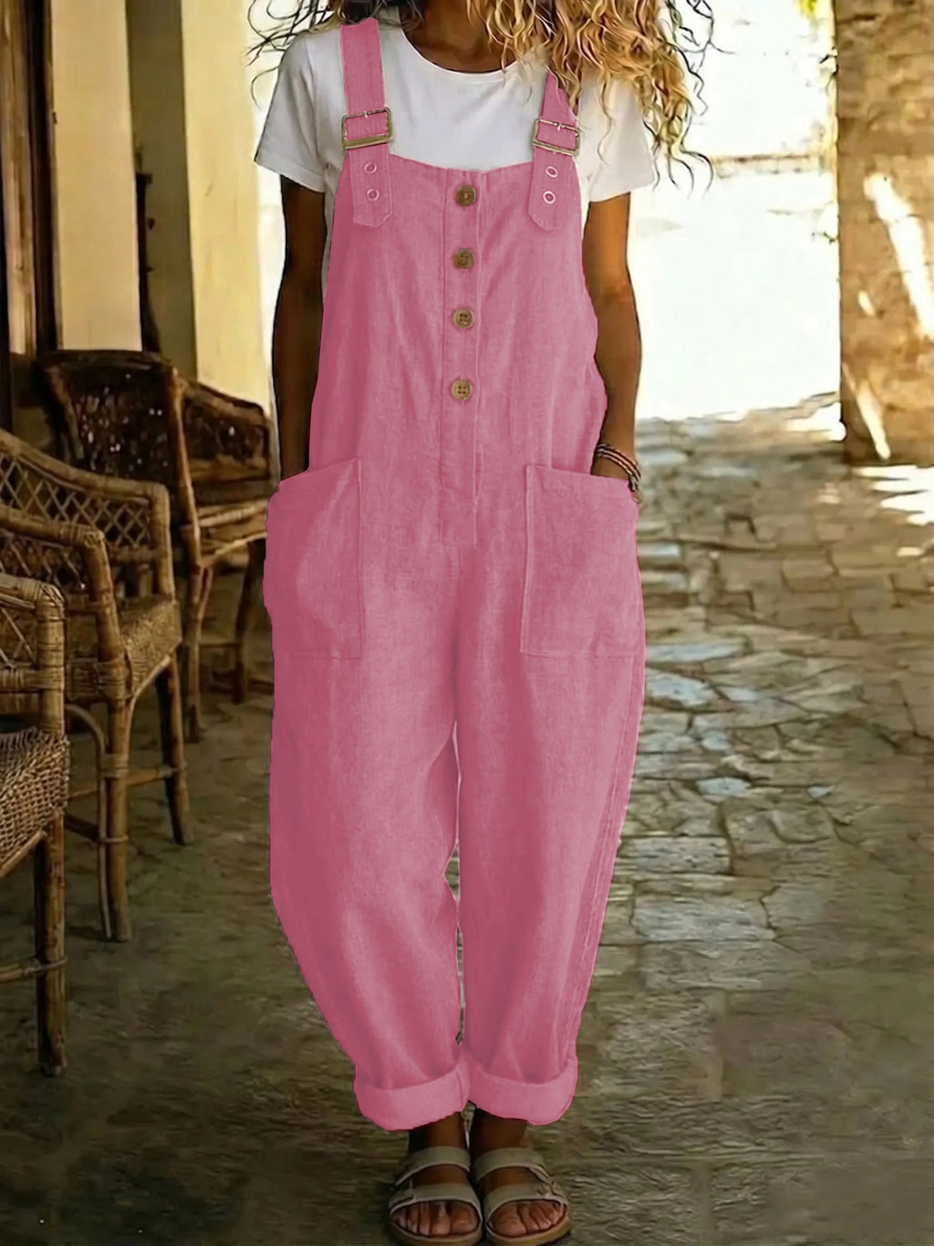 Sylvie | Womens Cotton Linen High Waisted Dungarees Jumpsuit - Pink