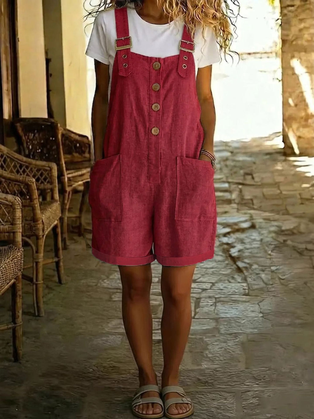Sylvie | Womens Cotton Linen High Waisted Dungarees Jumpsuit - Red