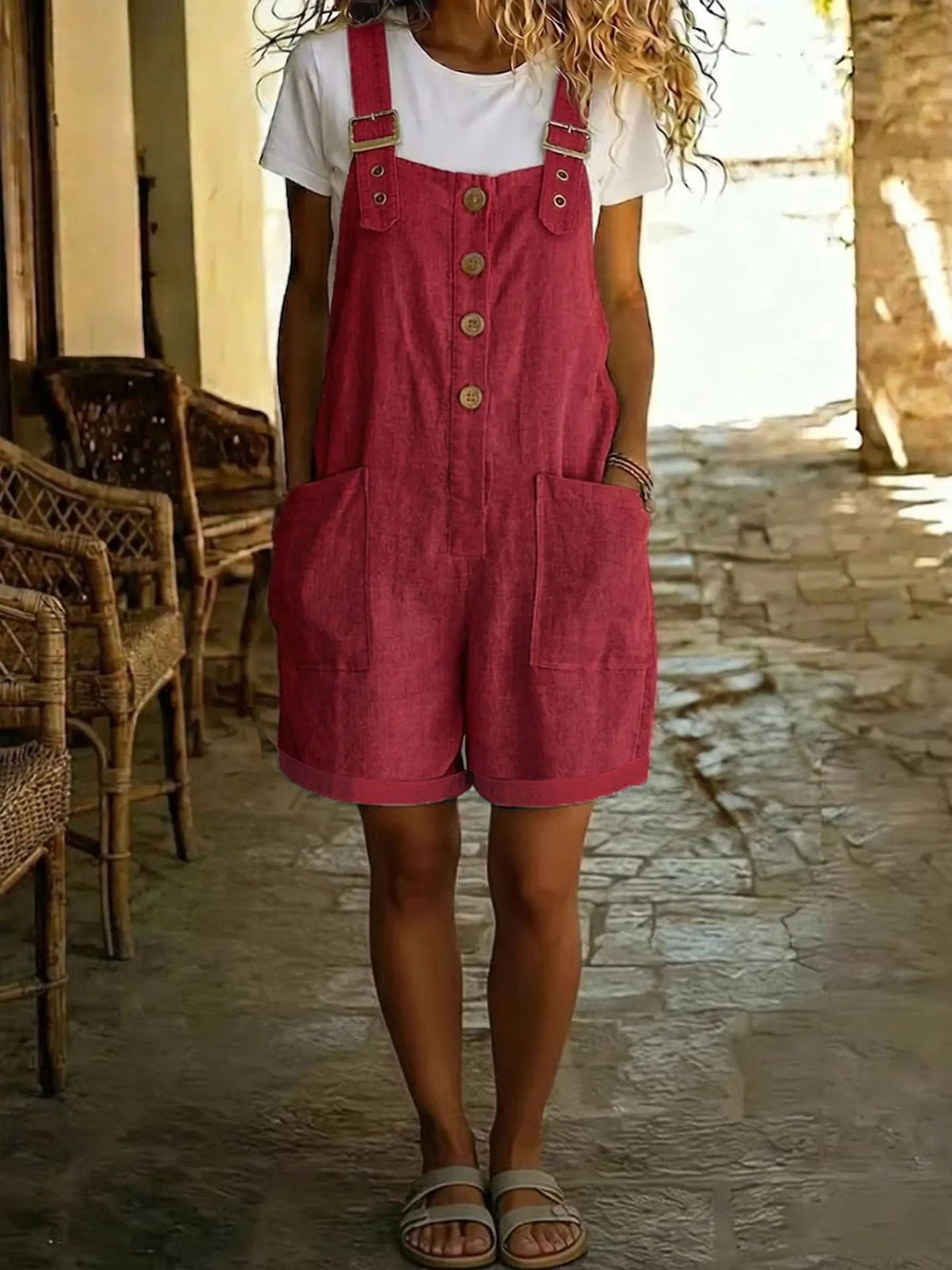 Sylvie | Womens Cotton Linen High Waisted Dungarees Jumpsuit - Red