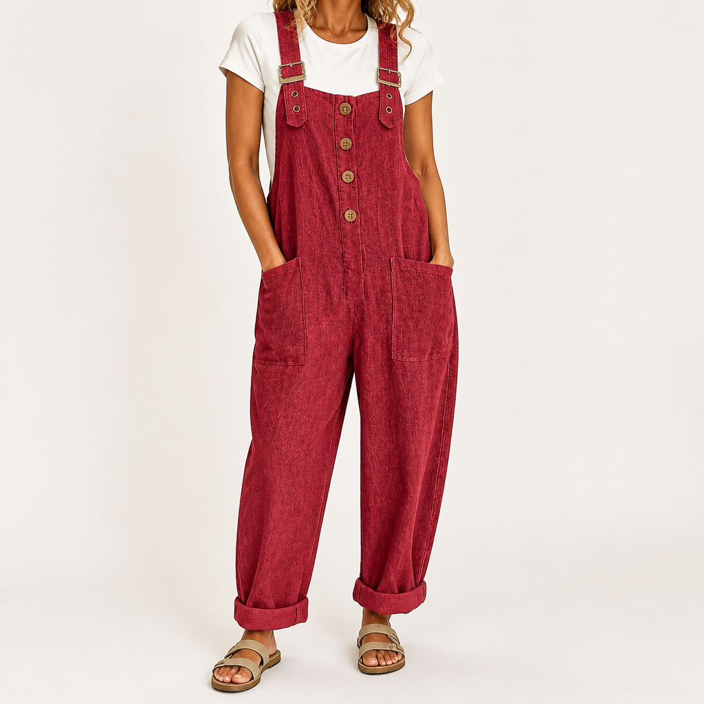 Sylvie | Womens Cotton Linen High Waisted Dungarees Jumpsuit, Red