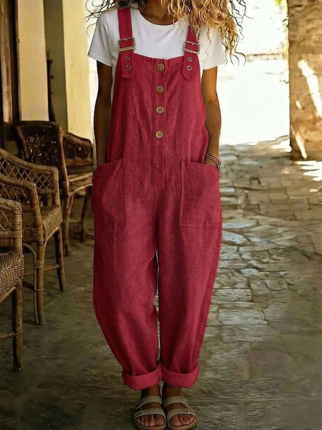 Sylvie | Womens Cotton Linen High Waisted Dungarees Jumpsuit - Red