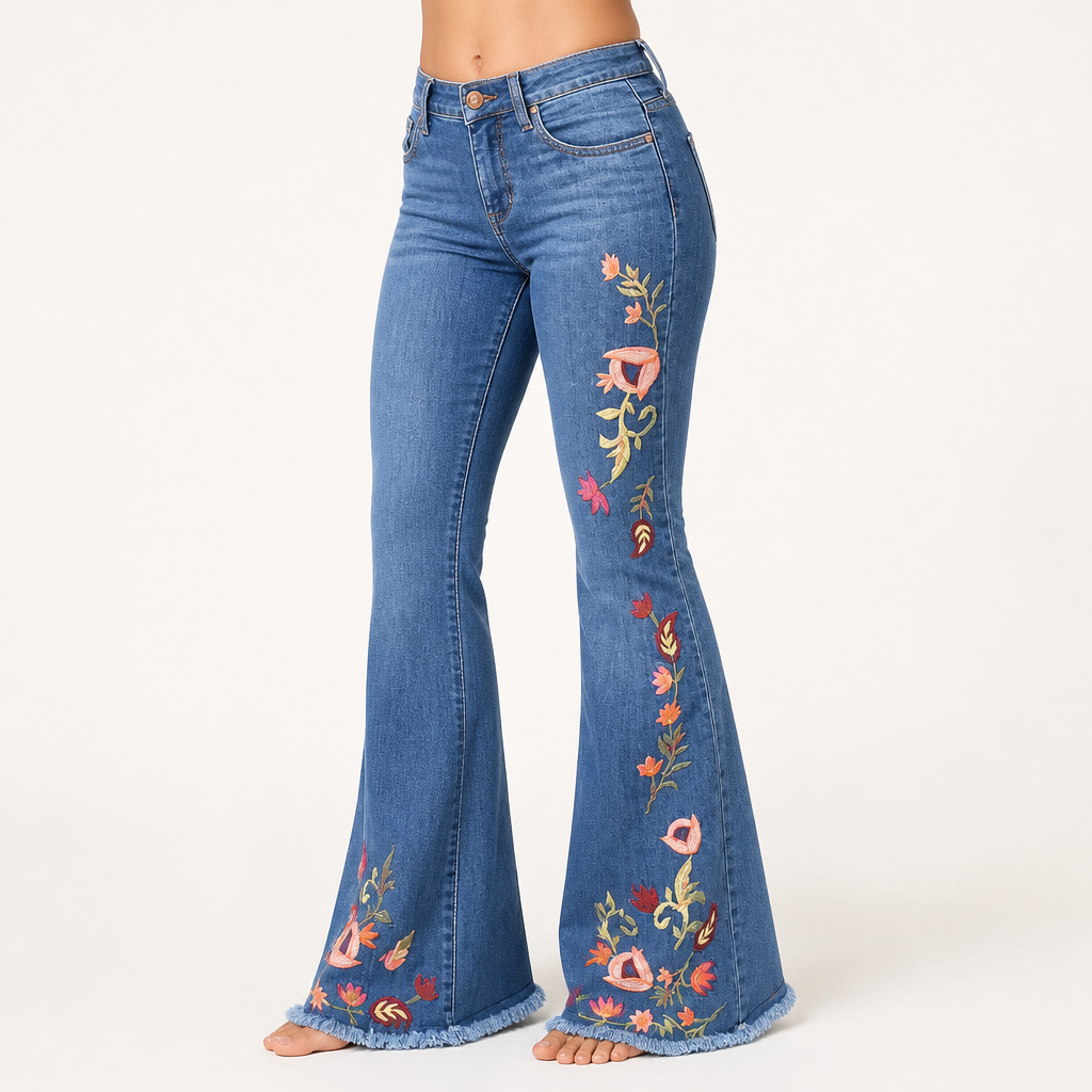 Sylvie | Womens Jeans Flare High Waisted Embroidered Stretch Denim, Blue