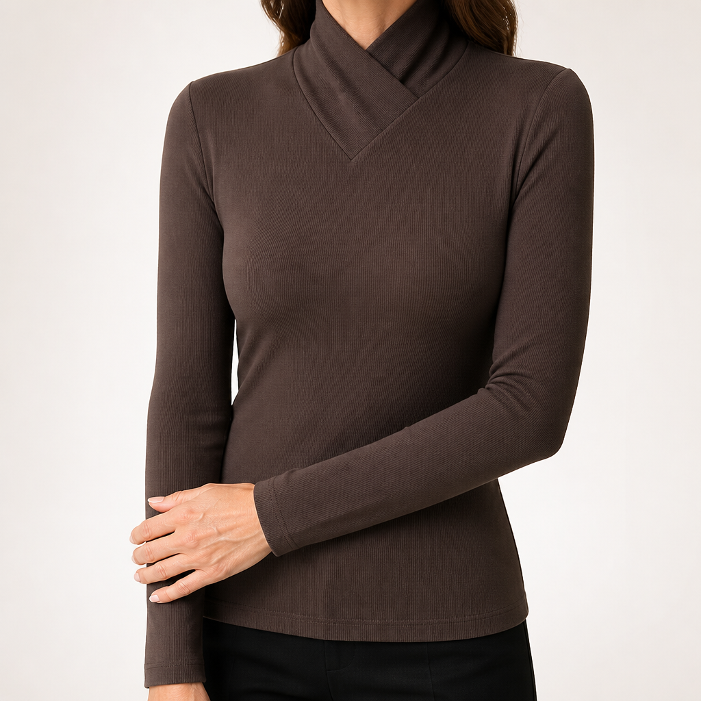 Talia | Womens Half Turtleneck Long Sleeve Ribbed Top, Brown