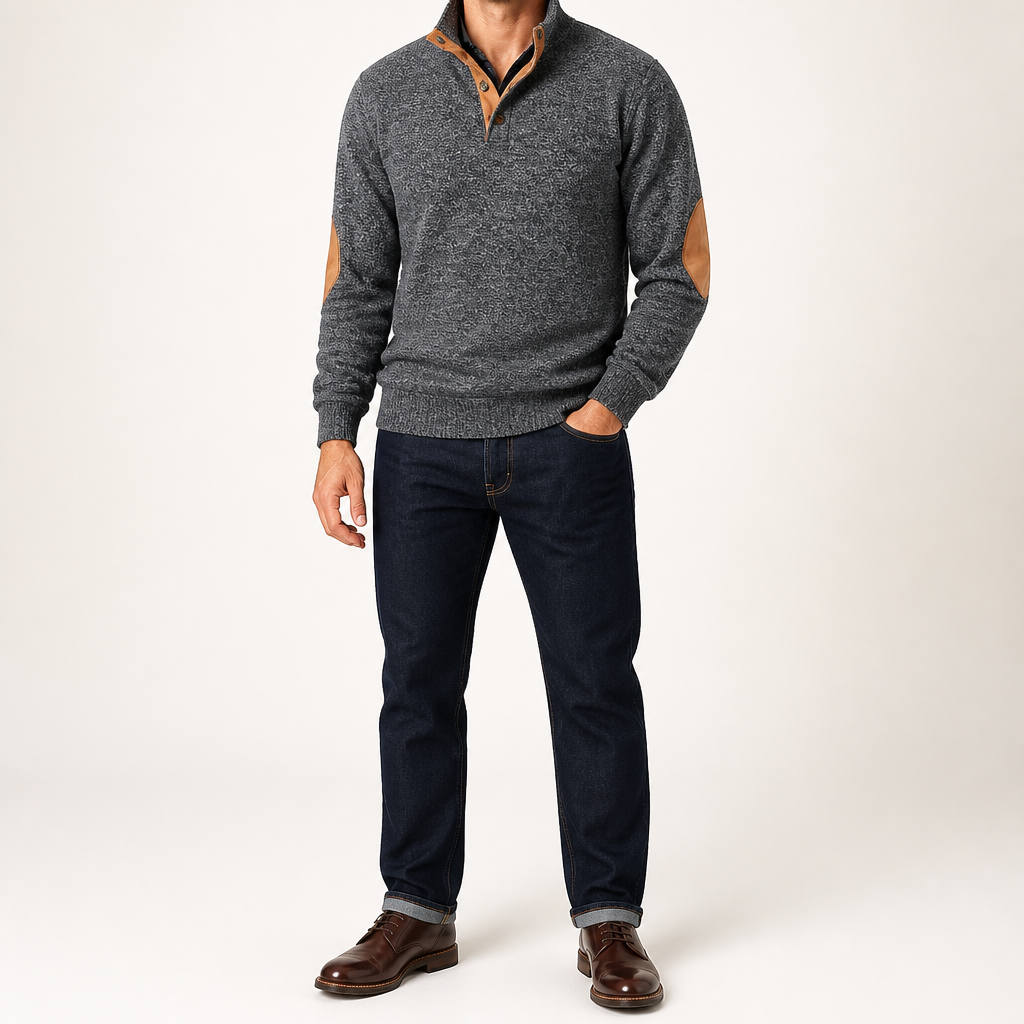 Thaddeus | Mens Knitted Cardigan Stand Collar Casual Shirt, Black Grey