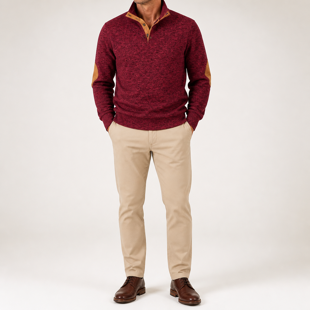 Thaddeus | Mens Knitted Cardigan Stand Collar Casual Shirt, Wine Red