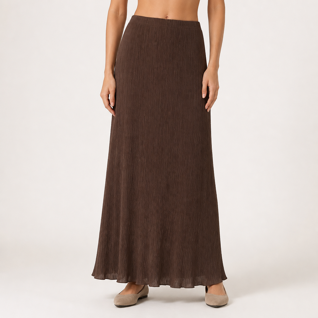 Thaddeus | Womens Pleated Skirt A Line Fishtail High Waisted Long Skirt, Dark Brown